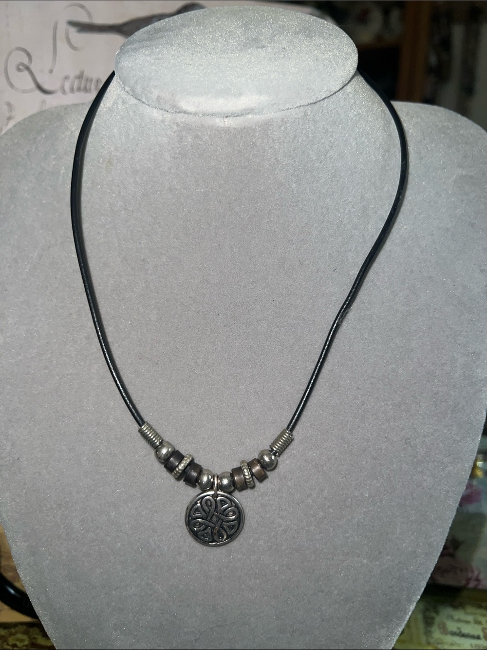 Black Leather Cord Necklace with Silver Celtic Pendant